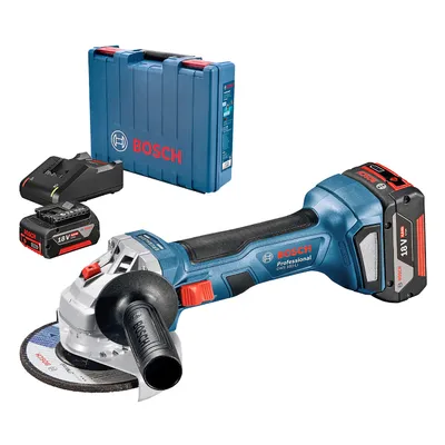 Акумулаторен ъглошлайф Bosch с 2 батерии и зарядно, 18 V, 4 Ah, 125 мм, 11 000 об./мин, GWS 180-LI