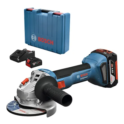 Акумулаторен ъглошлайф Bosch с 2 батерии и зарядно, 18 V, 4 Ah, 125 мм, 11 000 об./мин, GWS 18V-8