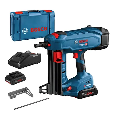 Акумулаторен такер за пирони Bosch  с 2 батерии и зарядно, 18 V, 4 Ah, тип NB, тип NK, тип NM, 13-38 мм, GNB 18V-38