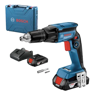 Акумулаторен винтоверт Bosch с безчетков двигател за сухо строителство с 2 батерии и зарядно, 18 V, 2 Ah, 32 Nm, 1/4", шестостен, GTB 185-LI