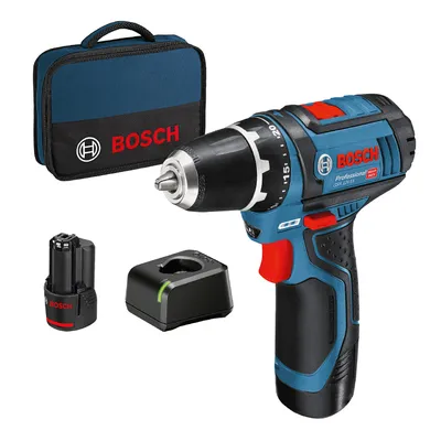 Акумулаторен винтоверт Bosch с колекторен двигател с 2 батерии и зарядно, 12 V, 2 Ah, 30 Nm, 1-10 мм, GSR 12V-15