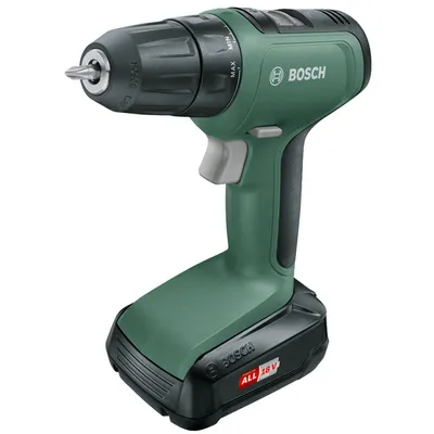 Акумулаторен винтоверт Bosch с колекторен двигател  с 2 батерии и зарядно, 18 V, 1.5 Ah, 30 Nm, 1-10 мм, UniversalDrill 18