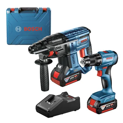 Комплект акумулаторни инструменти Bosch с 2 батерии и зарядно, GBH 180-Li, GSR 185-Li, 18 V, 4 Ah