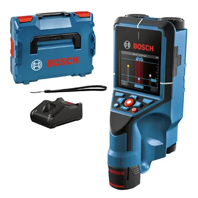 Детектор за откриване и локализиране на скрити обекти Bosch за метал, дърво, пластмаса и кабели с 1 батерия и зарядно, 12 V, 2 Ah, D-tect 200 C