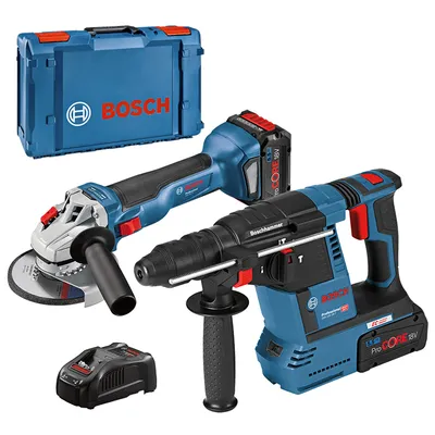 Комплект акумулаторни инструменти Bosch с 2 батерии и зарядно, GBH 18V-26, GWS 18V-10, 18 V, 5.5 Ah