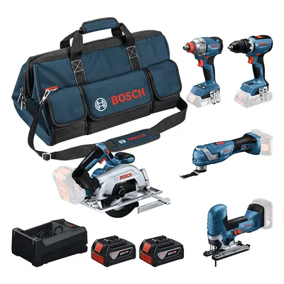 Комплект акумулаторни инструменти Bosch с 2 батерии и зарядно, GSR 18V-65, GDX 18V-285, GKS 18V-57-2, GOP 18V-34, GST 18V-125 S, 18 V, 5 Ah
