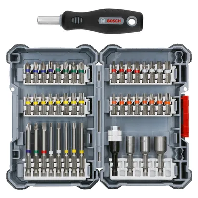 Комплект битове Bosch PH/PZ/SB/TX/SW/SP/RB/TS/TW с магнитен държач и отвертка 1/4", 45 бр.
