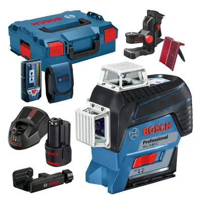 Линеен лазерен нивелир Bosch с 3 лъча и приемник  с 1 батерия и зарядно, 12 V, 2 Ah, 30 м, 120 м, 0.2 мм/м, GLL 3-80 C
