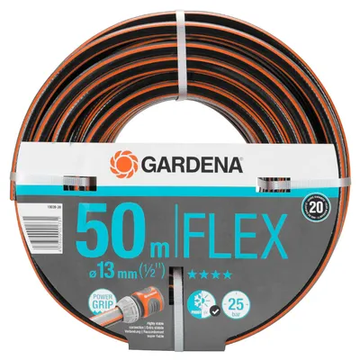 Градински маркуч за поливане Gardena PVC 2-слоен армиран 13 мм, 25 bar, 50 м, черно/оранжево, Comfort FLEX