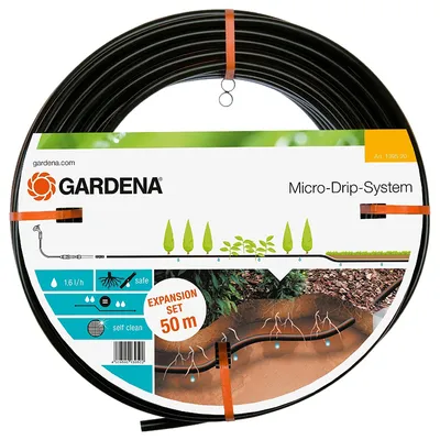 Маркуч Gardena за капково напояване с капкообразуватели 13.7 мм, 300 мм, 1.6 л/ч, черен, 50 м, Micro-Drip-System