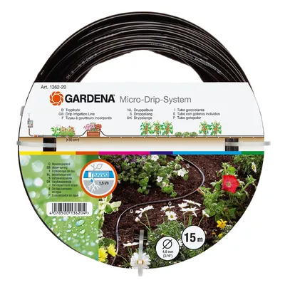 Маркуч Gardena за капково напояване с капкообразуватели 4.6 мм, 300 мм, 1.6 л/ч, черен, 15 м, Micro-Drip-System