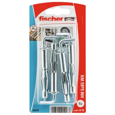 Дюбел метален Fischer за гипсокартон с опорен пръстен и Г-образна кука 4 бр./опак., M5x65 мм, 20-34 мм, HM WH K NV