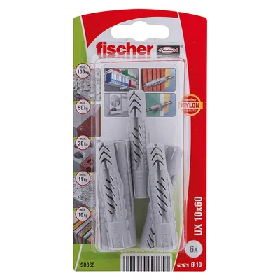 Дюбел пластмасов Fischer без опорен пръстен ф 10x60 мм, 6 бр./опак., UX K NV