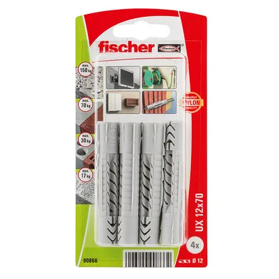 Дюбел пластмасов Fischer без опорен пръстен  ф 12x70 мм, 4 бр./опак., UX K NV