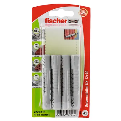 Дюбел пластмасов Fischer без опорен пръстен ф 12x70 мм, 4 бр./опак., UX K