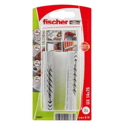 Дюбел пластмасов Fischer без опорен пръстен  ф 14x75 мм, 2 бр./опак., UX K NV