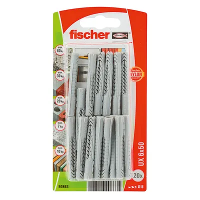 Дюбел пластмасов Fischer без опорен пръстен ф 6x50 мм, 20 бр./опак., UX K NV