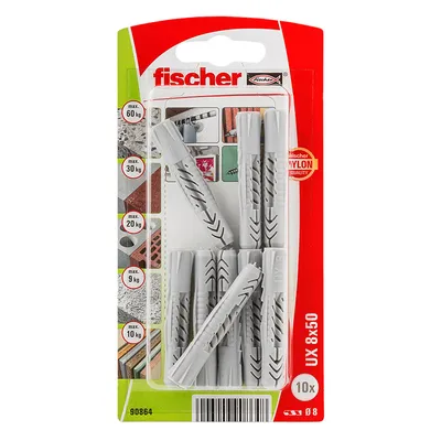 Дюбел пластмасов Fischer без опорен пръстен ф 8x50 мм, 10 бр./опак., UX K NV