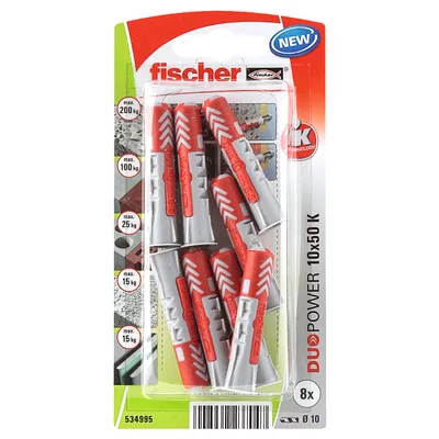 Дюбел пластмасов Fischer с опорен пръстен ф 10x50 мм, 8 бр./опак., DuoPower K NV