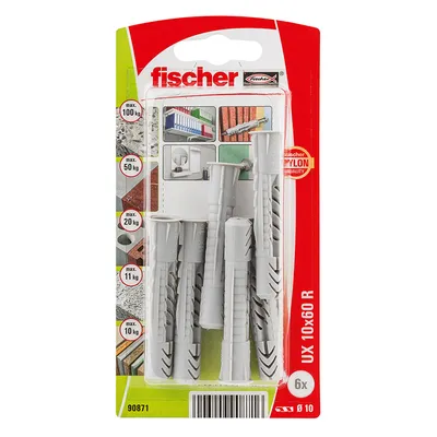 Дюбел пластмасов Fischer с опорен пръстен  ф 10x60 мм, 6 бр./опак., UX R K NV