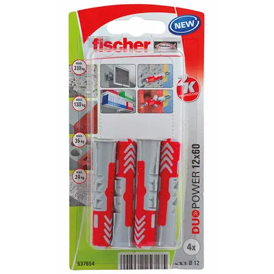 Дюбел пластмасов Fischer с опорен пръстен  ф 12x60 мм, 4 бр./опак., DuoPower K NV