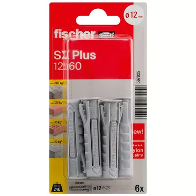 Дюбел пластмасов Fischer с опорен пръстен ф 12x60 мм, 6 бр./опак., SX Plus K