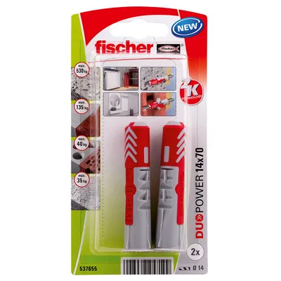 Дюбел пластмасов Fischer с опорен пръстен ф 14x70 мм, 2 бр./опак., DuoPower K NV