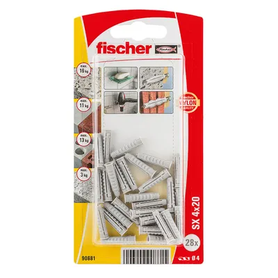 Дюбел пластмасов Fischer с опорен пръстен ф 4x20 мм, 28 бр./опак., SX KP K NV