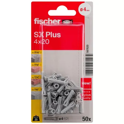 Дюбел пластмасов Fischer с опорен пръстен ф 4x20 мм, 50 бр./опак., SX Plus K