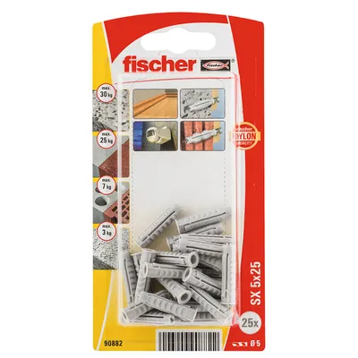 Дюбел пластмасов Fischer с опорен пръстен ф 5x25 мм, 25 бр./опак., SX KP K NV