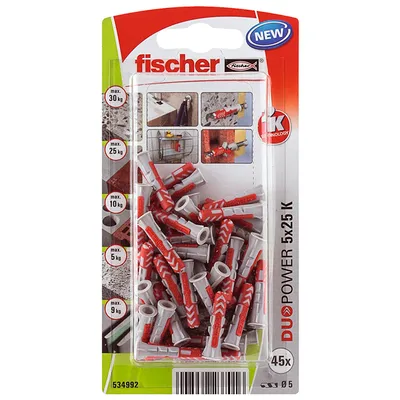 Дюбел пластмасов Fischer с опорен пръстен ф 5x25 мм, 45 бр./опак., DuoPower K NV