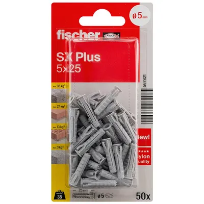 Дюбел пластмасов Fischer с опорен пръстен ф 5x25 мм, 50 бр./опак., SX Plus K