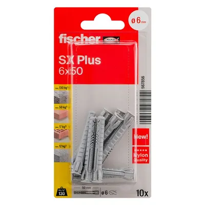 Дюбел пластмасов Fischer с опорен пръстен ф 6х50 мм, 10 бр./опак., SX Plus K NV