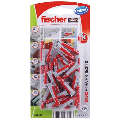 Дюбел пластмасов Fischer с опорен пръстен ф 6x30 мм, 28 бр./опак., DuoPower K NV