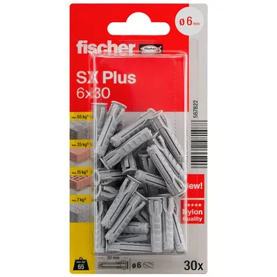 Дюбел пластмасов Fischer с опорен пръстен ф 6x30 мм, 30 бр./опак., SX Plus K
