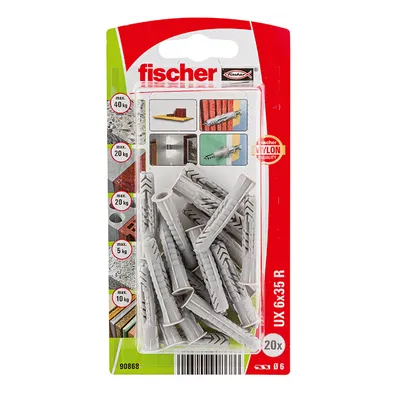 Дюбел пластмасов Fischer с опорен пръстен ф 6x35 мм, 20 бр./опак., UX R K NV