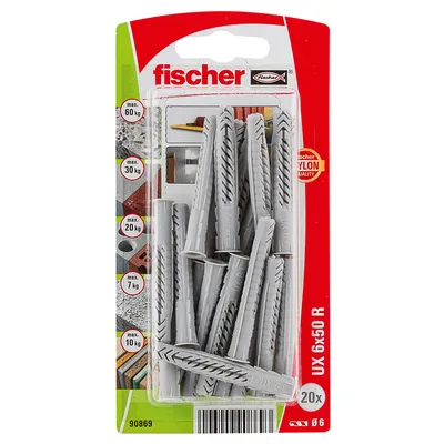 Дюбел пластмасов Fischer с опорен пръстен ф 6x50 мм, 20 бр./опак., UX R K NV