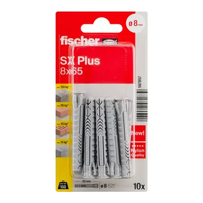 Дюбел пластмасов Fischer с опорен пръстен ф 8х65 мм, 10 бр./опак., SX Plus K NV