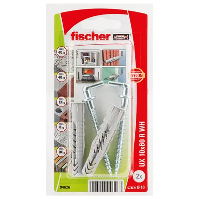 Дюбел пластмасов Fischer с опорен пръстен и Г-образна кука с фланец  ф 10x60 мм, 2 бр./опак., UX R WH K NV