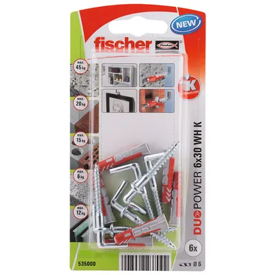 Дюбел пластмасов Fischer с опорен пръстен и Г-образна кука с фланец ф 6x30 мм, 6 бр./опак., DuoPower WH K NV