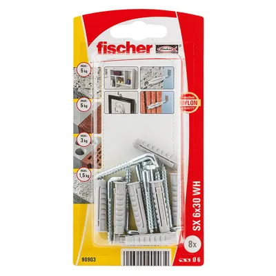 Дюбел пластмасов Fischer с опорен пръстен и Г-образна кука с фланец ф 6x30 мм, 8 бр./опак., SX WH K NV