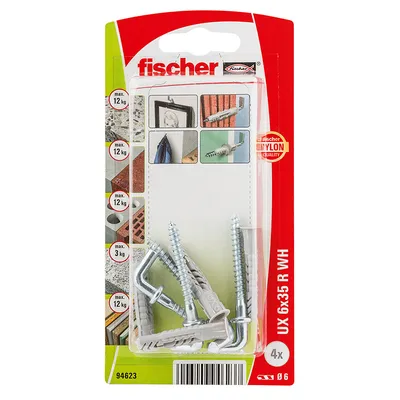 Дюбел пластмасов Fischer с опорен пръстен и Г-образна кука с фланец ф 6x35 мм, 4 бр./опак., UX R WH K NV