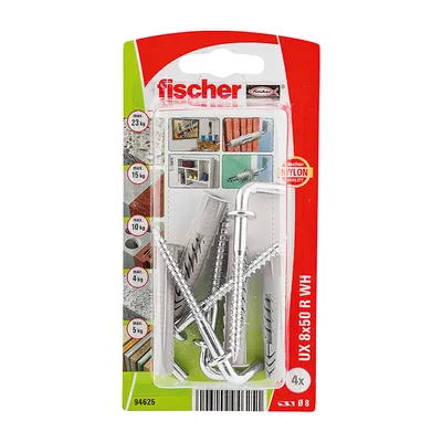 Дюбел пластмасов Fischer с опорен пръстен и Г-образна кука с фланец  ф 8x50 мм, 4 бр./опак., UX R WH K NV