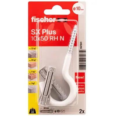 Дюбел пластмасов Fischer с опорен пръстен и отворена кука ф 10x50 мм, 2 бр./опак., SX Plus RH