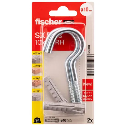 Дюбел пластмасов Fischer с опорен пръстен и отворена кука  ф 10x50 мм, 2 бр./опак., SX Plus RH