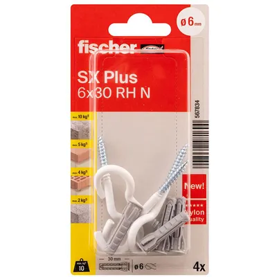 Дюбел пластмасов Fischer с опорен пръстен и отворена кука  ф 6x30 мм, 4 бр./опак., SX Plus RH