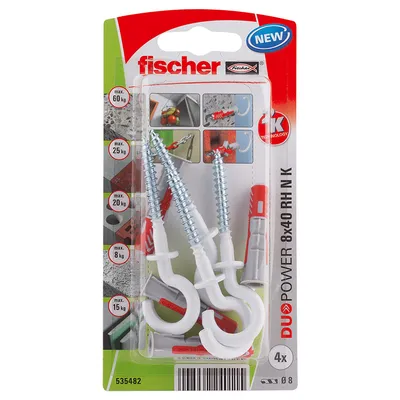 Дюбел пластмасов Fischer с опорен пръстен и отворена кука  ф 8x40 мм, 4 бр./опак., Duopower RH N K NV