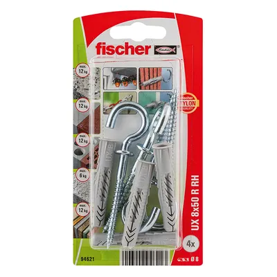 Дюбел пластмасов Fischer с опорен пръстен и отворена кука ф 8x50 мм, 4 бр./опак., UX R H