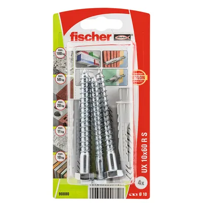 Дюбел пластмасов Fischer с опорен пръстен и патентен болт  ф 10x60 мм, 4 бр./опак., UX R S K NV