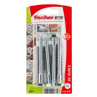 Дюбел пластмасов Fischer с опорен пръстен и патентен болт ф 10x60 мм, 4 бр./опак., UX S K NV